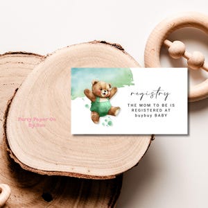 Baby Shower Gift Registry Card Template Green Bear INSTANT DOWNLOAD Digital, Editable, Printable Party Stationery, Clouds 3.5x2 BS09
