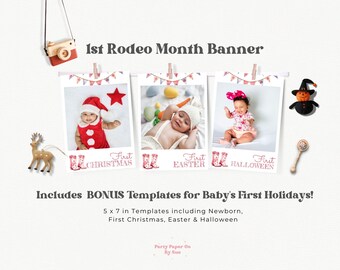 Photo Banner Month Sign 1st Rodeo Birthday INSTANT DOWNLOAD Editable, Cowgirl, Printable Digital Customizable, Pink, Boots, Balloon 5x7 FRGP