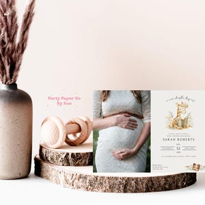 Livre d'histoires Baby Shower Invitation nouveau chapitre photo téléchargement immédiat modèle numérique, neutre, girafe, livre, maternité, grossesse 7 x 5 BS02