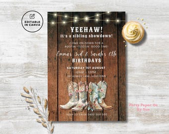 Geschwister Geburtstagseinladung Western Cowboy Cowgirl Party einladen INSTANT Download, gemeinsame Feier Vorlage Digital Printable Canva WESB01