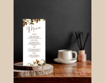 Menu Template INSTANT DOWNLOAD Elegant Floral, Customizable Event Menus, Perfect for Weddings, Showers, Celebrations, Magnolia 4x9 MAFD