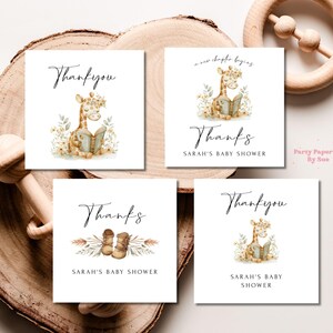 Bedankkaart babyshower verhalenboek nieuw hoofdstuk sjabloon INSTANT DOWNLOAD bewerkbare, afdrukbare evenement briefpapier, giraf, vierkant 2 x 2 BS01