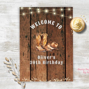 Western Birthday Welcome Sign, Editable Western Birthday Poster, Cowboy Hat INSTANT DOWNLOAD Cowgirl Sign, Hoedown Boots Hat 18x24 WEHOHA