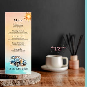 Menusjabloon 80e verjaardag vintage auto INSTANT DOWNLOAD Aanpasbaar, mijlpaal, bewerkbaar, afdrukbaar, klassiek, autothema 4 x 9 VBBD2