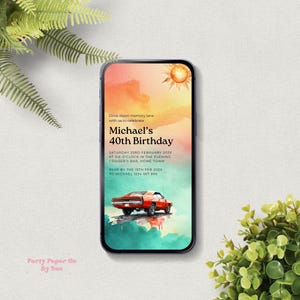 Peut inclure: Une invitation numérique pour une fête de 40e anniversaire avec un fond aquarelle d'un coucher de soleil et une voiture de sport rouge. Le texte indique "Drive down memory lane with us to celebrate Michael's 40th Birthday. Saturday 23rd February 202X at six o'clock in the evening. Cruiser's Bar, Home Town. RSVP by the 15th Feb 202X to Michael 1234 567 890."
