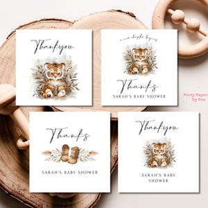 Bedankkaart babyshower verhalenboek nieuw hoofdstuk sjabloon INSTANT DOWNLOAD bewerkbare, afdrukbare evenement briefpapier, tijger, vierkant 2 x 2 BS04