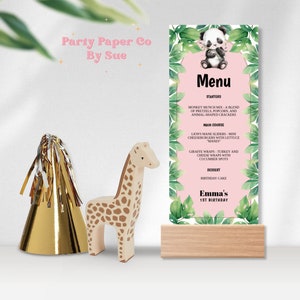 Modèle de menu pour fête d'anniversaire panda TÉLÉCHARGEMENT IMMÉDIAT Modifiable, imprimable, fête dans la jungle, idées de plats amusants, Templett, rose 4 x 9 PABDPI