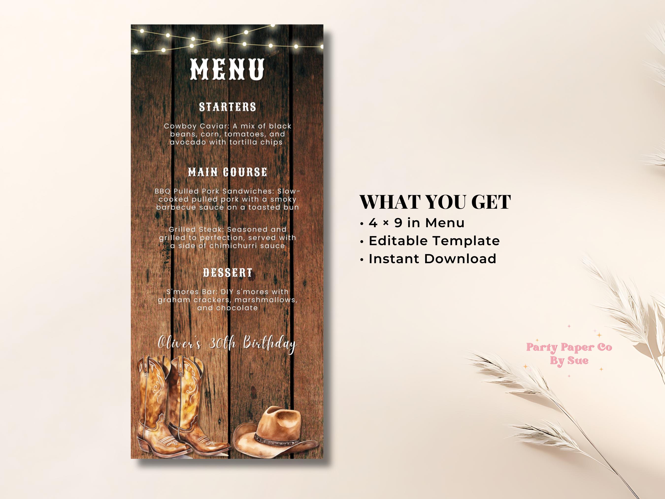 Editable Western Party Menu Template | Cowboy Cowgirl Birthday ...