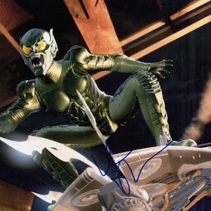 Puede incluir: Un personaje de piel verde con un disfraz con una expresión amenazante, ojos amarillos y orejas puntiagudas, montado en un planeador plateado. El personaje está en una pose dinámica, con una firma en tinta azul.