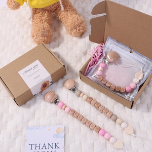 Personalized Pacifier Clip, Neutral Boho Baby Pacifier Holder, Baby Shower Gift, Wooden Silicone Binky, Custom Dummy Clip for Newborn