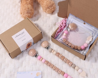 Prendedor de Chupeta Personalizado, Porta-Chupeta Boho Neutro para Bebê, Presente para Chá de Bebê, Chupeta de Madeira e Silicone, Prendedor de Chupeta Personalizado para Recém-Nascido