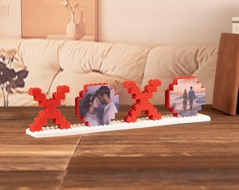 Valentines XOXO Lover Heart Shape Personalized Photo Building Block with Stand, Couple Unique Brick Puzzle, Valentine Picture Memory Decor