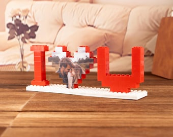 Valentine I LOVE U Heart Shape Personalized Photo Building Block with Stand, Couple Unique Brick Puzzle, Valentine Picture Memory Decor