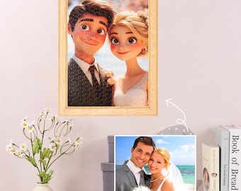 May include: A framed photo of a cartoon couple in wedding attire. The photo is hanging on a white wall. A smaller photo of a real couple in wedding attire is on a table below the framed photo.