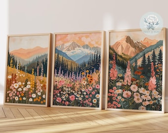 Set of 3 Mountain Wildflower Art Print: Colorful Floral Nature Landscape Painting (Digital Download)