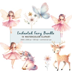 Paquete de 14 imágenes prediseñadas de hadas encantadas en acuarela, descarga digital PNG, imágenes prediseñadas de bosque encantado en tonos pastel apagados, uso comercial
