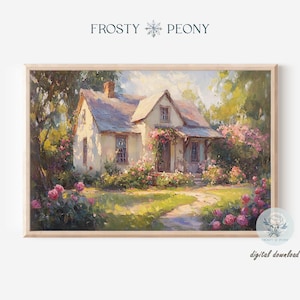 Serene Rose Garten Cottage Kunstdruck | Countryside Cottage Landschaft Wandkunst | Blumengarten druckbare Kunst JPG | Digitaler Download