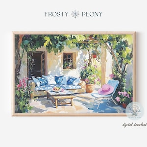 Charming Sunlit Mediterranean Courtyard Art Print | Floral Courtyard Wall Art | Cozy Mediterranean Patio Printable Art | Digital Download
