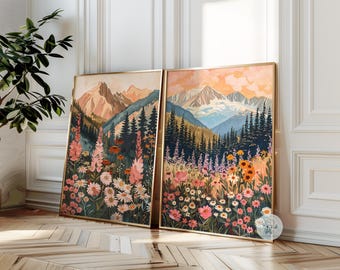 Set of 2 Elegant Wildflower Meadow and Mountain Scenery Art Print | Floral Mountain Landscape Muted Tones Printable Art | Digital Download