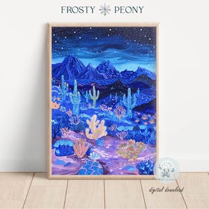 Mystical Starlit Desert at Night Art Print | Dreamy Nature Scene |  Muted Tones Landscape Printable Art JPG | Digital Download