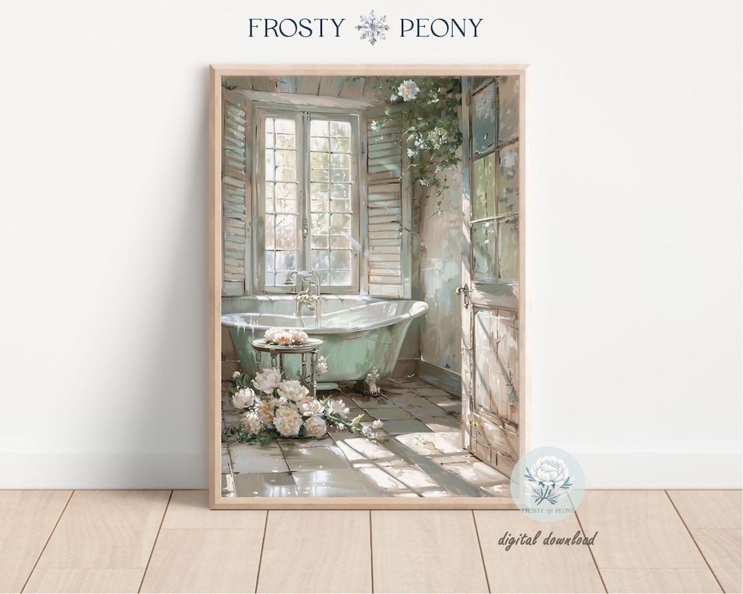 Vintage Floral Bathtub Art Print: Rustic Sunlit Floral Bathroom Wall ...