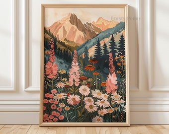 Charming Wildflower Meadow and Mountain Scenery Art Print | Colorful Floral Mountain Landscape Muted Tones Printable Art | Digital Download