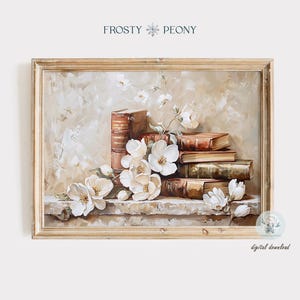 Puede incluir: Una pintura digital de una pila de libros antiguos con flores blancas en la parte superior. Los libros son marrones y tienen letras doradas. Las flores son blancas y tienen un toque delicado y femenino. El fondo es de un color crema suave.