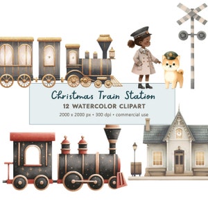 12 Acuarela Adorable Estación de Tren de Navidad Clipart Descarga Digital / Conjunto de Trenes de Navidad / Tonos Silenciados Navidad PNG / Uso Comercial