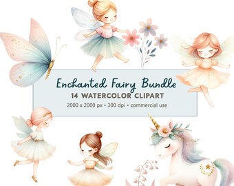 May include: A digital clipart bundle of 14 watercolor illustrations featuring fairies, butterflies, and a unicorn. The fairies are depicted with wings, flowing dresses, and delicate features. The butterflies are colorful and have intricate patterns. The unicorn is white with a gold horn and a floral crown. The text "Enchanted Fairy Bundle 14 Watercolor Clipart 2000 x 2000 px - 300 dpi - commercial use" is included in the image.