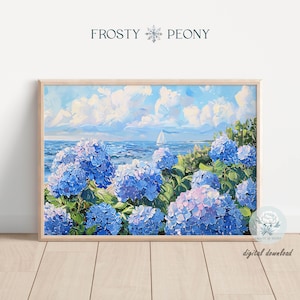 Peut inclure: Une peinture numérique d'un paysage marin avec des hortensias bleus au premier plan et un voilier au loin. Le ciel est bleu clair avec des nuages blancs. La peinture est encadrée dans un cadre en bois clair.