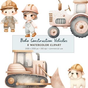 8 Aquarell Muted Pastel Baustellenfahrzeuge Clipart PNG Digital Download | Boho Baustellenfahrzeuge Set Clipart | Kommerzielle Nutzung