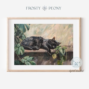 Charming Sleeping Black Cat Art Print | Rustic Black Cat Wall Art |  Cozy Farmhouse Printable Art JPG | Digital Download