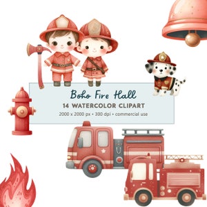 14 Acquerello Boho Fire Hall Clipart PNG Download digitale / Clipart di camion dei pompieri con toni tenui / Uso commerciale