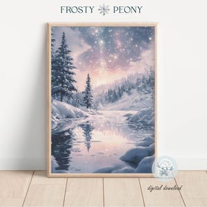 Magical Winter Wonderland Northern Lights Art Print | Aurora Borealis Snowy River Wall Art | Winter Forest Printable Art | Digital Download