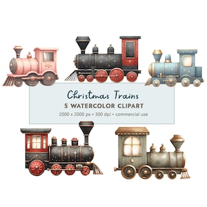 5 Aquarell entzückende Weihnachten Züge Clipart Digital Download | Weihnachtszug-Set | Gedämpfte Töne Weihnachten PNG | Kommerzielle Nutzung