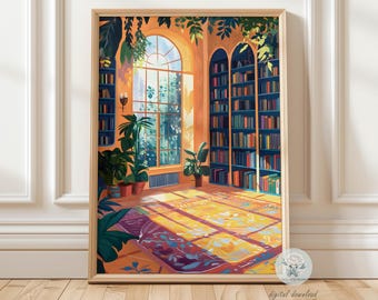 Boho Reading Corner Art Print: Cozy Home Library Botanical Book Nook Painting (Digital Download)