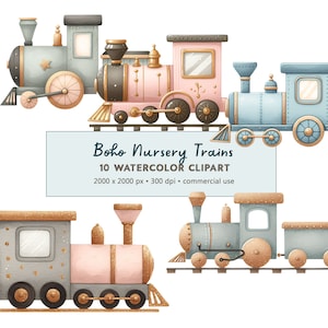 10 trens de berçário Boho em aquarela Clipart PNG download digital | Conjunto de trem de tons suaves clipart | Uso comercial