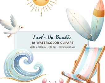 Retro Surfing Watercolor Clipart: Beach Surfing Wave Surfboard Surf's Up Birthday (PNG Digital Download)