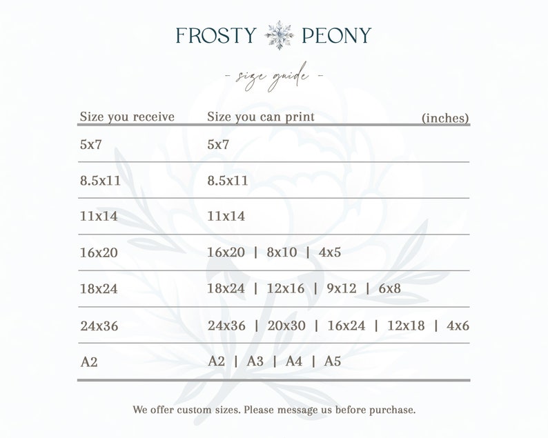 May include: A size guide for printable art prints, showing the size you receive and the different sizes you can print. The sizes are listed in inches, including 5x7, 8.5x11, 11x14, 16x20, 18x24, 24x36, and A2.