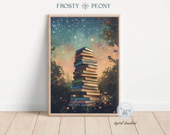 Magical Stacked Books Art Print: Starry Sky Library Enchanted Book Nook Painting (Digital Download)