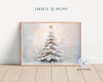 Impressão artística de árvore de Natal nevada: Pintura festiva de árvore de Natal em um cenário de inverno mágico (Download digital)