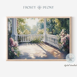 Charming Sunlit Floral Balcony Art Print | Vibrant Floral Porch Wall Art | Cozy Outdoor Patio Printable Art | Digital Download