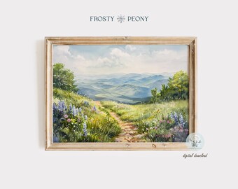 Wildflower Meadows Art Print: Spring Hills Green Field Floral Nature Landscape Watercolor (Digital Download)