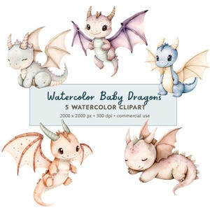 5 imágenes prediseñadas de dragones bebés en acuarela PNG Descarga digital / Imágenes prediseñadas de dragones pastel / Imágenes prediseñadas de dragones en tonos apagados / Uso comercial