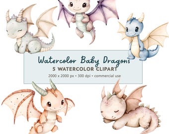 Baby Dragons Watercolor Clipart: Boho Dragon Birthday Mythical Magical Party (PNG Digital Download)