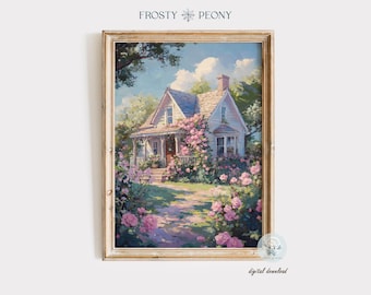 Cottage Rose Flower Garden Art Print: Countryside Cottage Floral Landscape Painting (Digital Download)