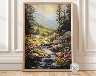 May include: A painting of a mountain stream flowing through a lush green valley with wildflowers. The stream has a small waterfall and is surrounded by rocks. The mountains in the background are covered in trees and have a blue-grey hue. The sky is a light blue with white clouds.