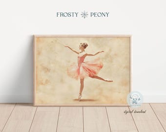 ヴィンテージピンクのバレリーナアートプリント：ガーリーなコケットピンクのバレエダンサーのミニマリスト絵画（デジタルダウンロード）