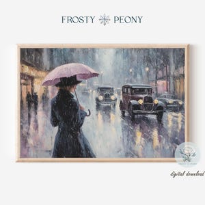 Romantic Walking in the Rain Art Print | Vintage Urban Landscape Wall Art | Timeless Rainy Cityscape Printable Art JPG | Digital Download