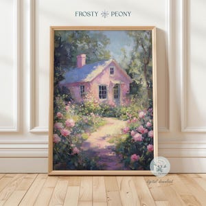 Gemütliches Rosen Garten Cottage Kunstdruck | Countryside Cottage Landschaft Wandkunst | Blumengarten druckbare Kunst JPG | Digitaler Download